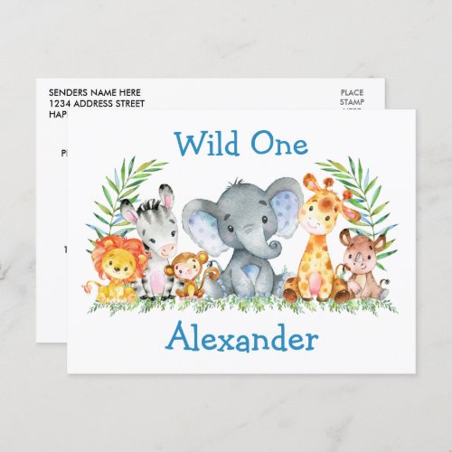 Wild One Safari Animals 1st Birthday Invitation Postcard