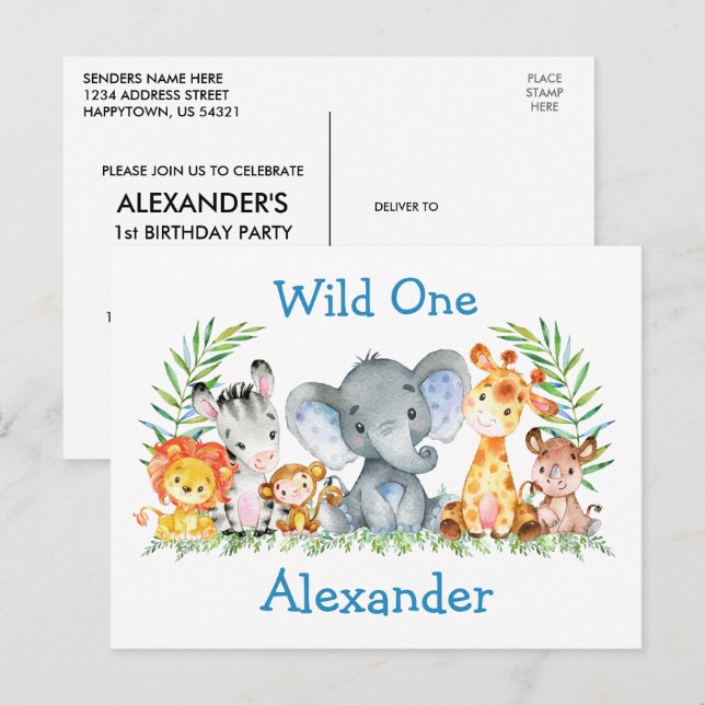 Wild One Safari Animals 1st Birthday Invitation Postcard (Front/Back)
