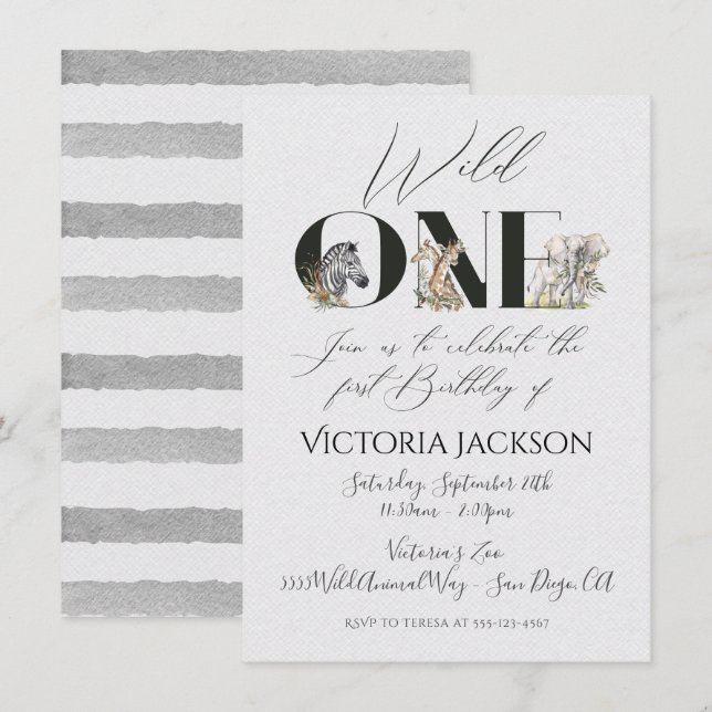 Wild One safari Animals 1st Birthday Invitations (Front/Back)