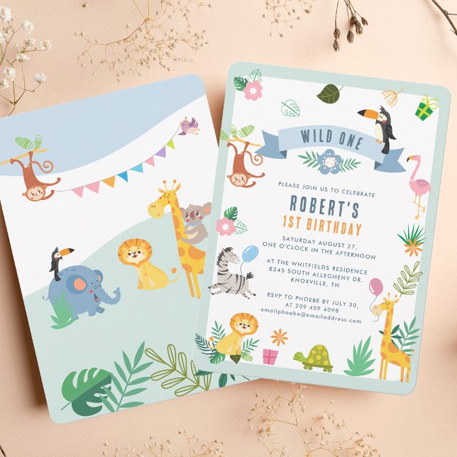 Wild One Safari Animals 1st Birthday Jungle Party Invitation (Wild One Safari Animals 1st Birthday Jungle Party Invitation)