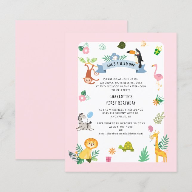 Wild One Safari Animals 1st Birthday Party Invite (Front/Back)