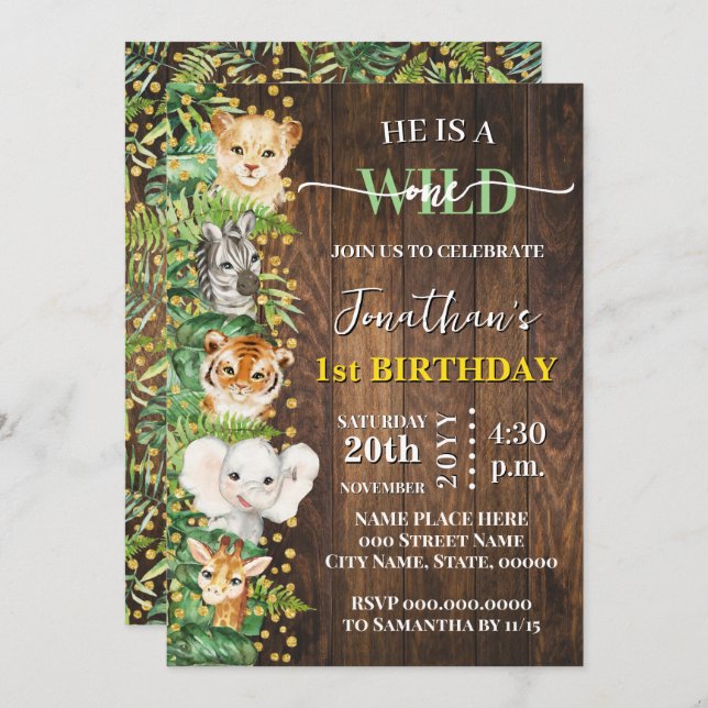 Wild One Safari Animals 1st Birthday Rustic Invitation (Front/Back)