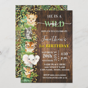 Wild One Safari Animals 1st Birthday Rustic Invitation