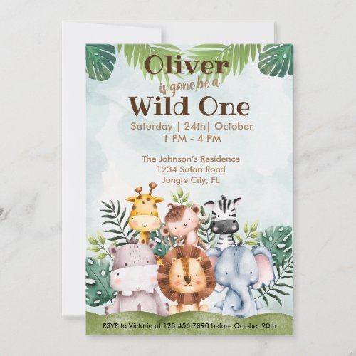 Wild One Safari Animals 1st Birthday Watercolor Invitation