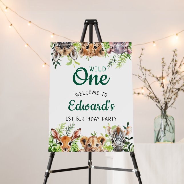 Wild One Safari Animals 1st Birthday Welcome Sign (In Situ (Stand))