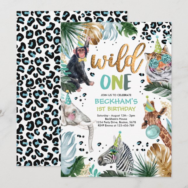 Wild One Safari Animals 1st Boy Birthday Party  Invitation (Front/Back)