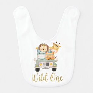 Wild one safari animals and jeep baby bib