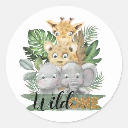 Wild one safari animals and tropical leaves  classic round sticker