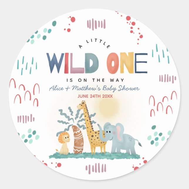 Wild One Safari Animals Baby Shower Classic Round Sticker (Front)