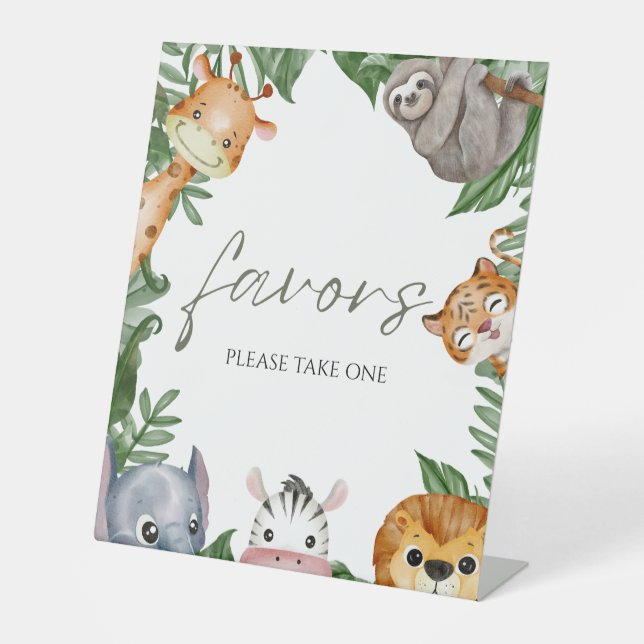 Wild One Safari Animals Baby Shower Favors Pedestal Sign (Front)