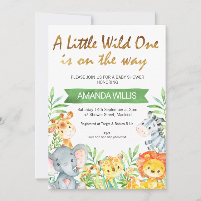 Wild one safari animals baby shower invitation (Front)