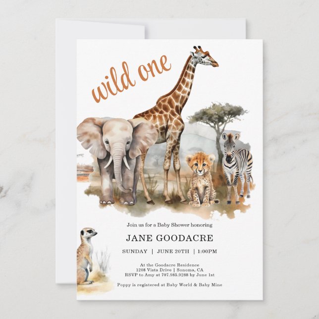 Wild One Safari Animals Baby Shower Invitation (Front)