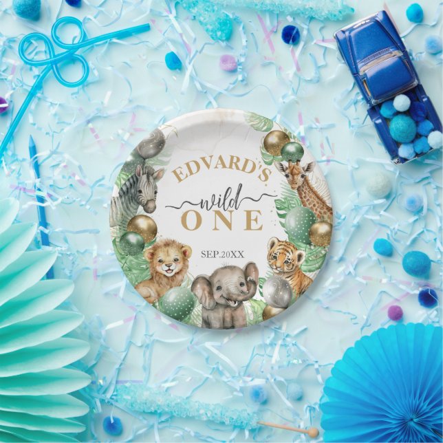 Wild One Safari animals Balloon Baby 1st birthday Paper Plates (Party)