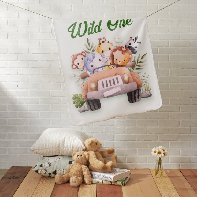  Wild One Safari Animals Birthday Baby Blanket (In Situ)