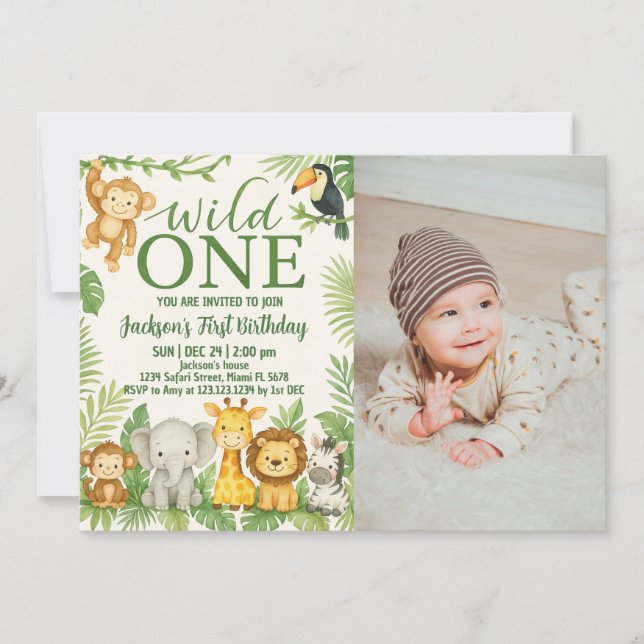 Wild One Safari Animals Birthday Invitation (Front)