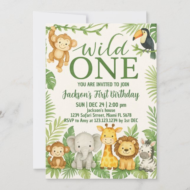 Wild One Safari Animals Birthday Invitation (Front)