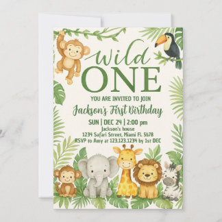 Wild One Safari Animals Birthday Invitation