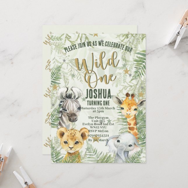 Wild One Safari Animals Birthday Invitations (Front/Back In Situ)