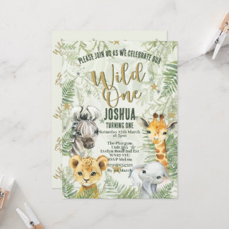 Wild One Safari Animals Birthday Invitations