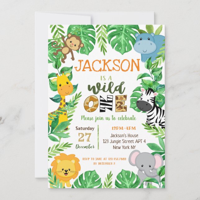 Wild One Safari Animals Birthday Invitations (Front)