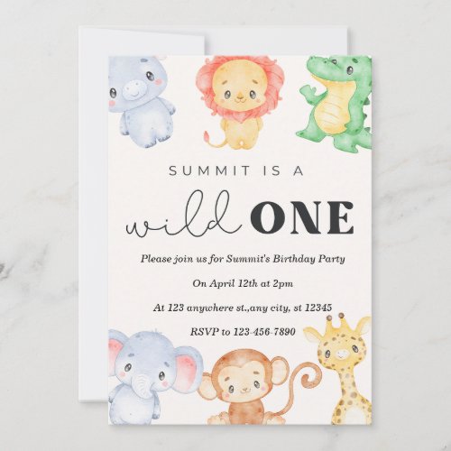 Wild One Safari Animals Birthday Party  Invitation