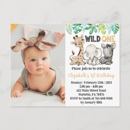 Wild One Safari Animals Birthday Photo Invitation  Postcard