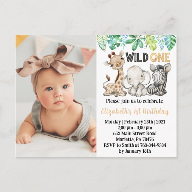 Wild One Safari Animals Birthday Photo Invitation  Postcard (Front)