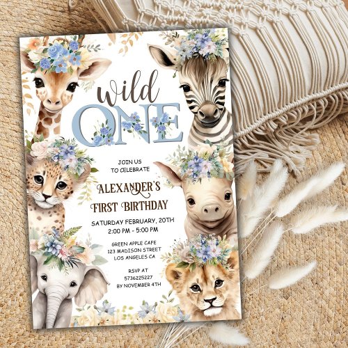 Wild One Safari Animals  Boy 1st Birthday Invitation