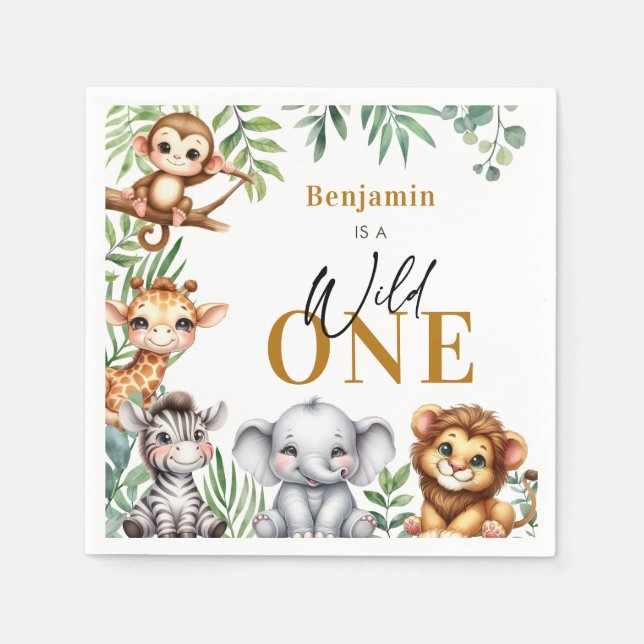 Wild One Safari Animals Boy 1st Birthday Napkins (Front)