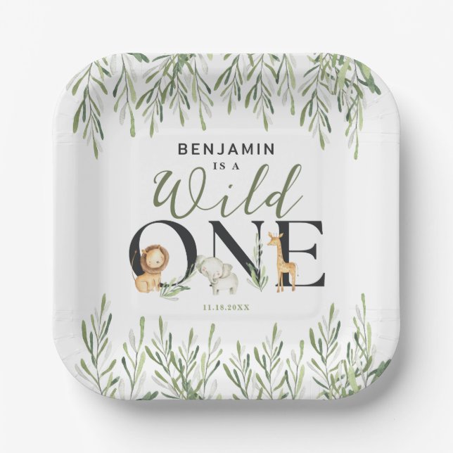 Wild One Safari Animals Boy 1st Birthday Party Paper Plates (Front)
