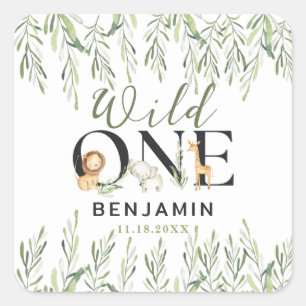Wild One Safari Animals Boy 1st Birthday Party Square Sticker