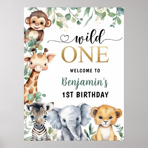 Wild One Safari Animals Boy 1st birthday Welcome Poster