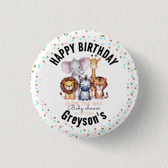 Wild One Safari Animals Boy Baby Shower  Button (Front)