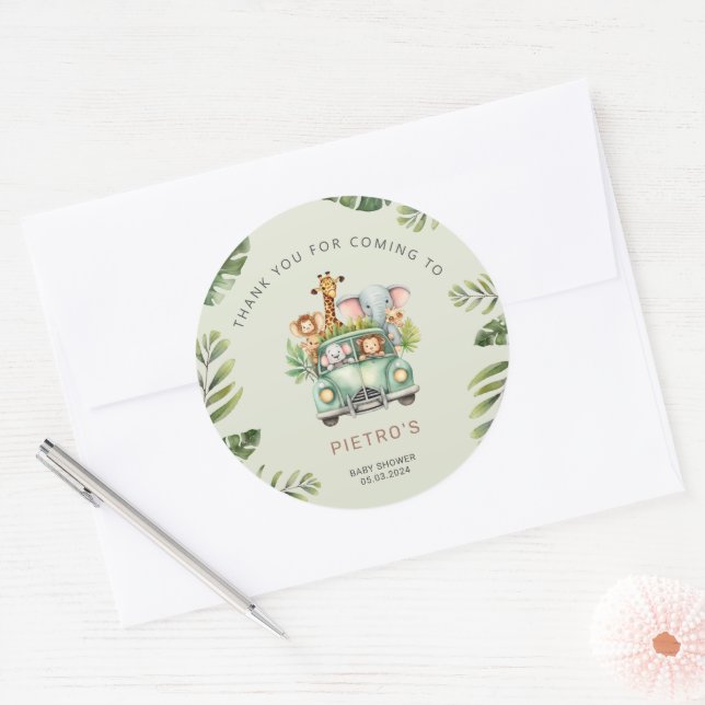Wild One Safari Animals Boy Baby Shower  Classic Round Sticker (Envelope)