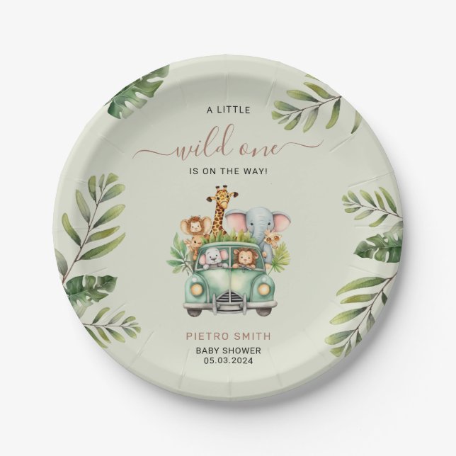 Wild One Safari Animals Boy Baby Shower  Paper Plates (Front)