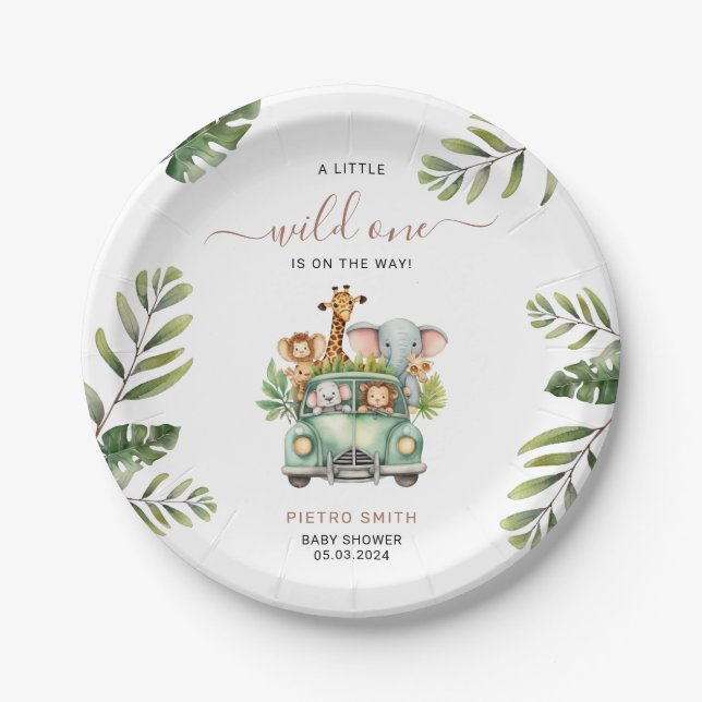 Wild One Safari Animals Boy Baby Shower  Paper Plates (Front)