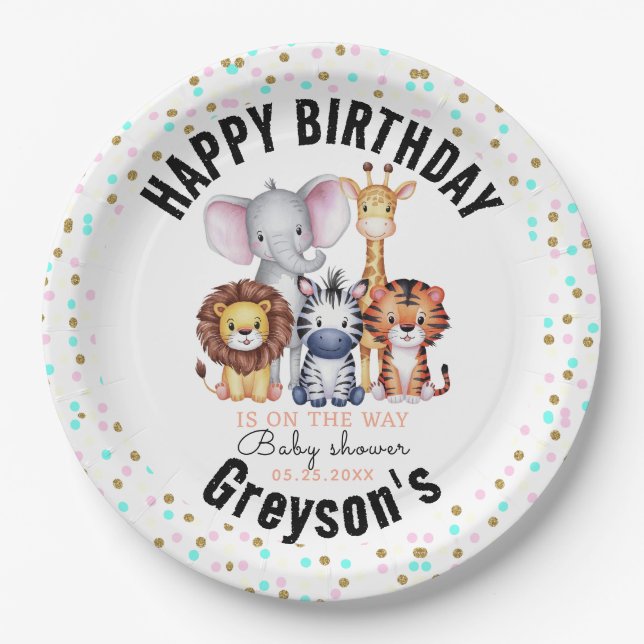Wild One Safari Animals Boy Baby Shower  Paper Plates (Front)