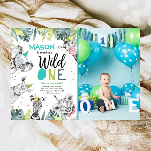 Wild One Safari Animals Boy Birthday Invitation