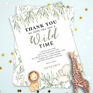 Wild One Safari Animals Boy Birthday Minimalist Thank You Card