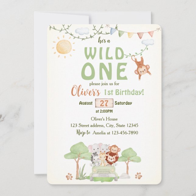 Wild One Safari Animals Boy First Birthday  Invitation (Front)