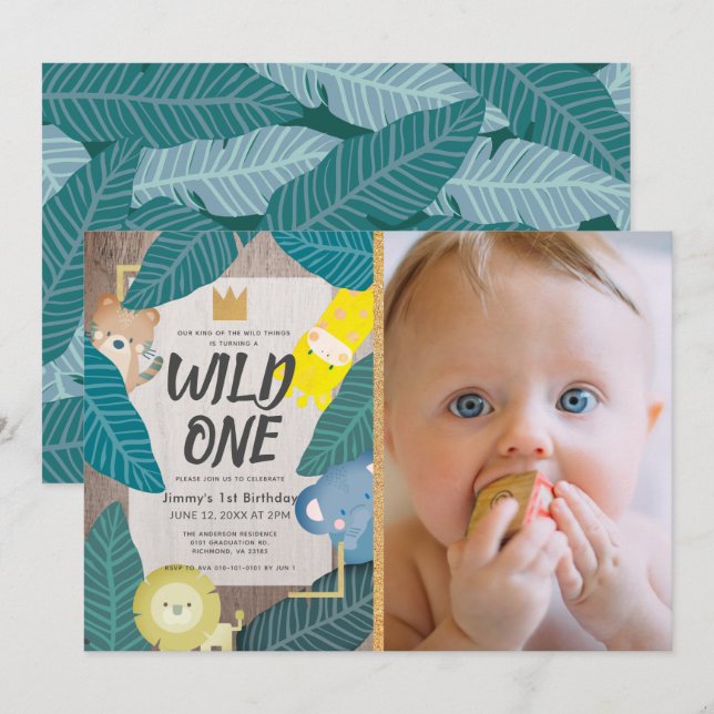 Wild One Safari Animals Boy Photo 1st Birthday Invitation (Front/Back)