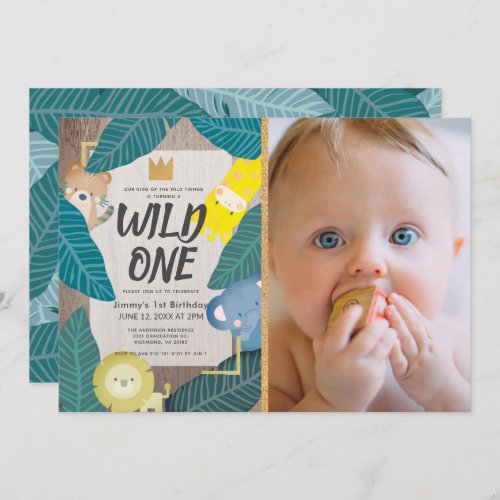 Wild One Safari Animals Boy Photo 1st Birthday Invitation