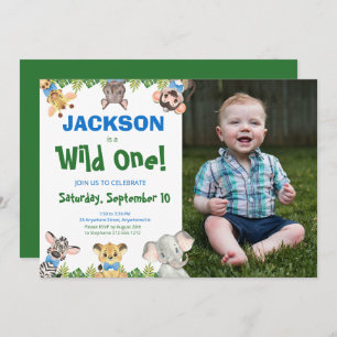 Wild One Safari Animals Boy Photo First Birthday I Invitation