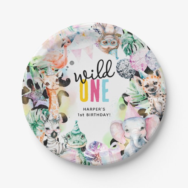 Wild ONE Safari Animals Cool 1st Birthday Paper Plates (Front)