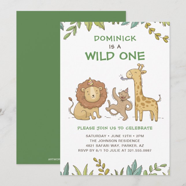 Wild One Safari Animals Cute Boy First Birthday Invitation (Front/Back)