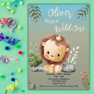 Wild One Safari Animals Cute Lion 1st Birthday Invitation