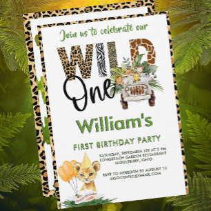 Wild One Safari Animals First Birthday Boy  Invitation