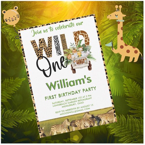 Wild One Safari Animals First Birthday Boy Invitation