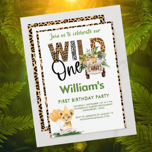 Wild One Safari Animals First Birthday Boy  Invitation