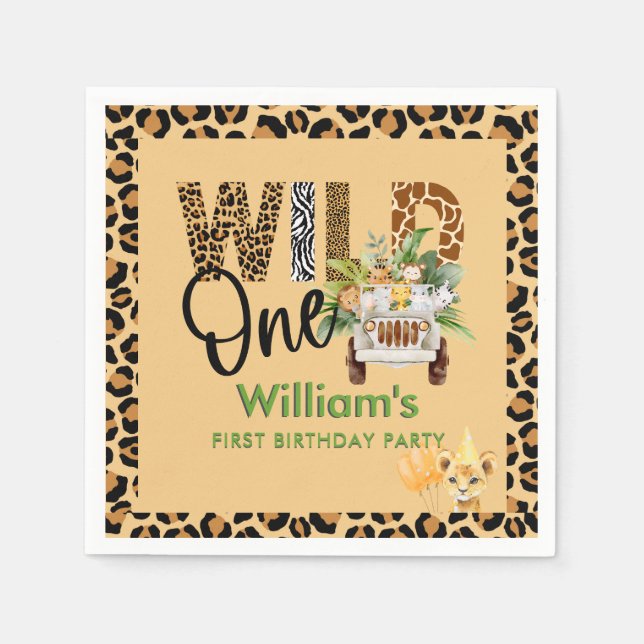 Wild One Safari Animals First Birthday Boy  Napkins (Front)